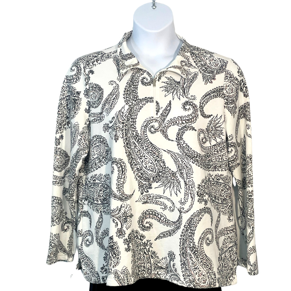 Croft  Barrow Sz XL 1/4 Zip Sweatshirt w/Collar B&W Pink Paisley Stretch Knit